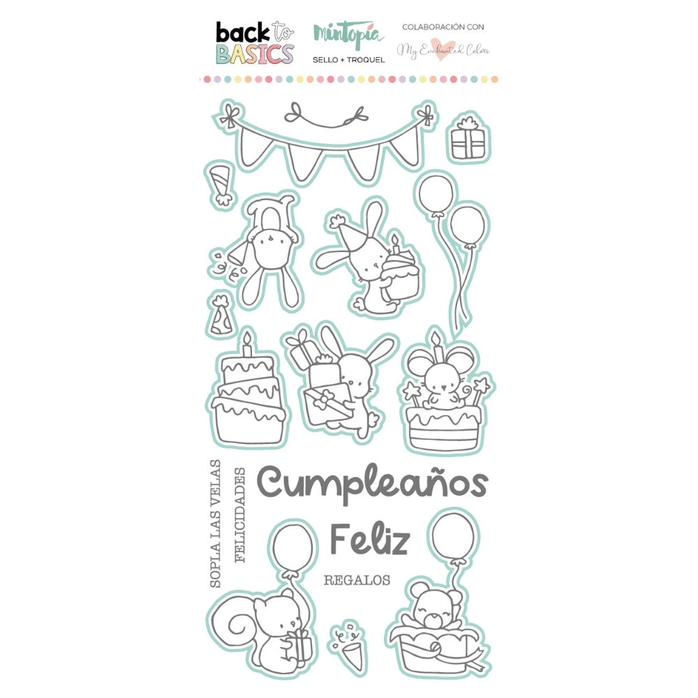 Sello y troquel coordinado Feliz Cumpleaños Back to Basics by My Enchanted Colors