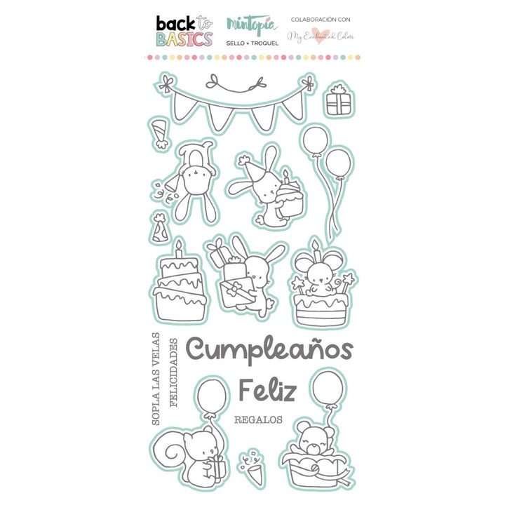 Sello y troquel coordinado Feliz Cumpleaños Back to Basics by My Enchanted Colors
