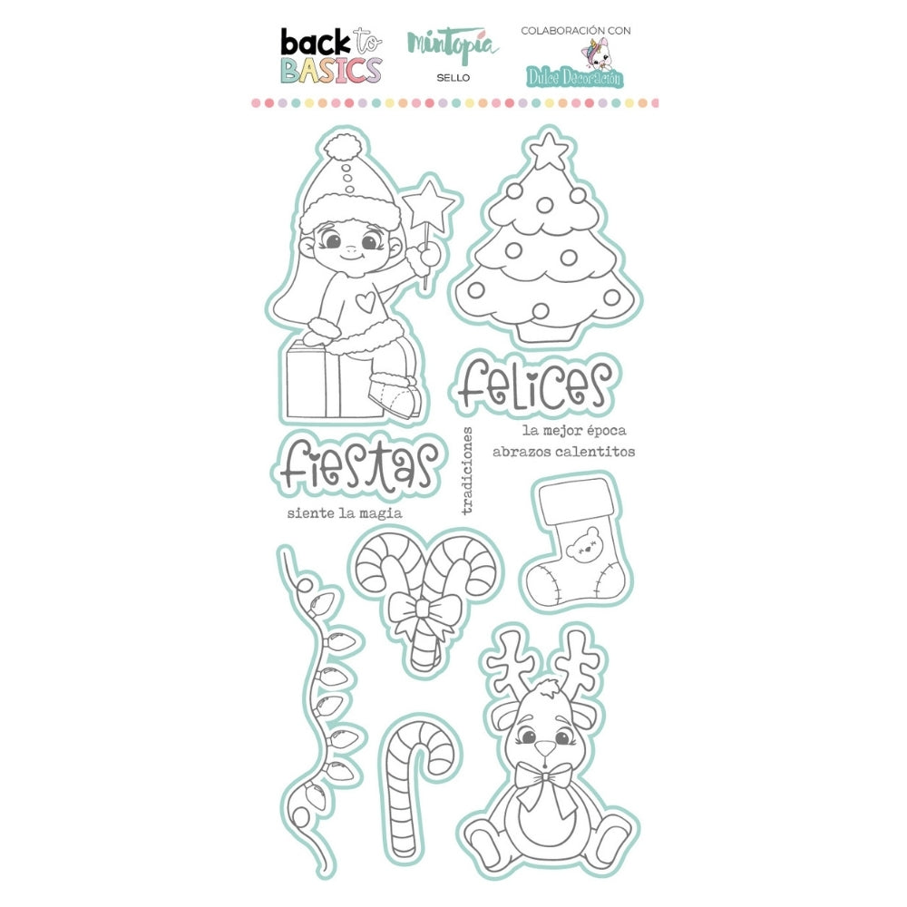 Sello y troquel coordinado Felices Fiestas by Dulce Decoración Back to Basics de Mintopía